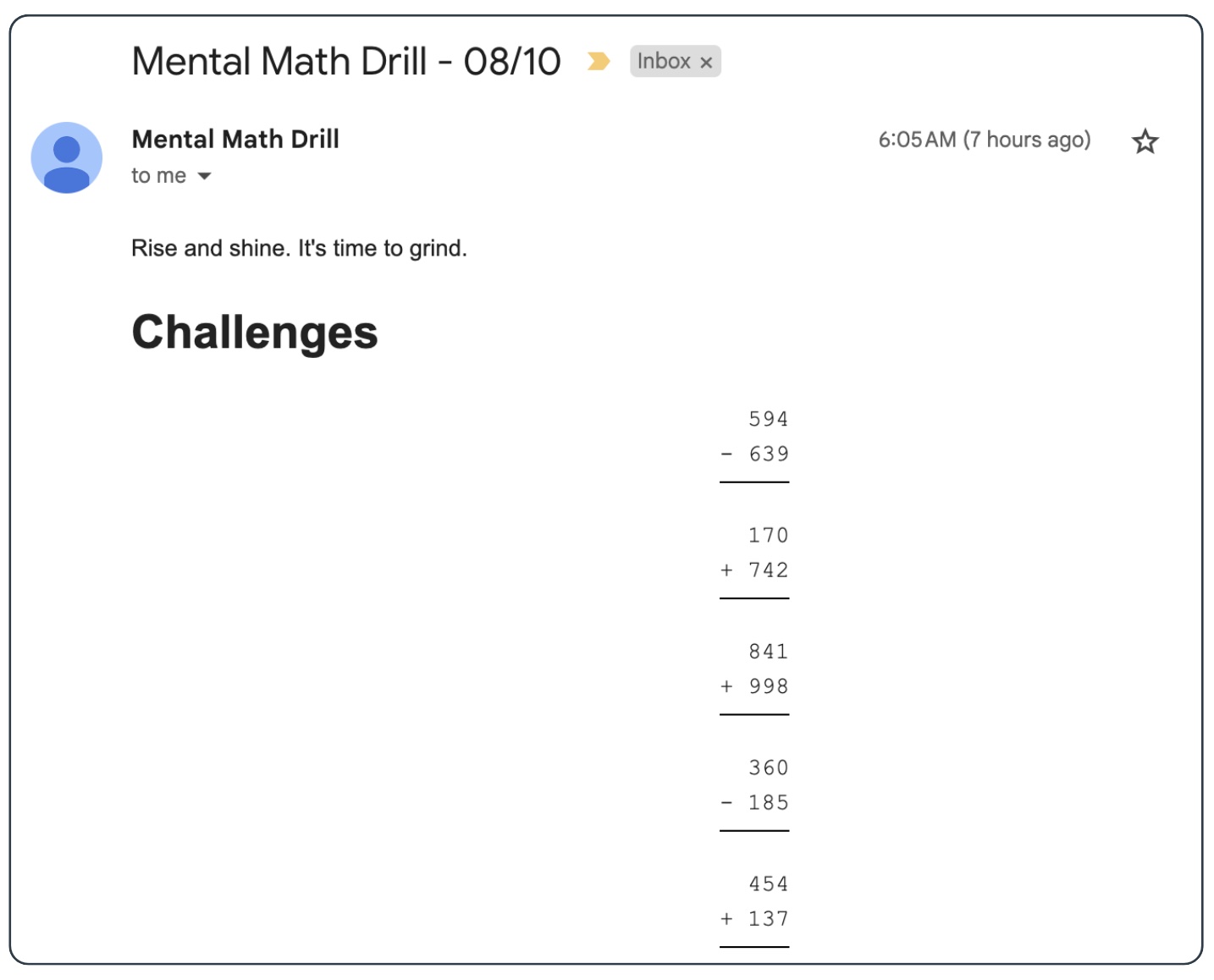 Math drill email screenshot