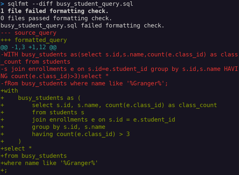 sqlfmt --diff