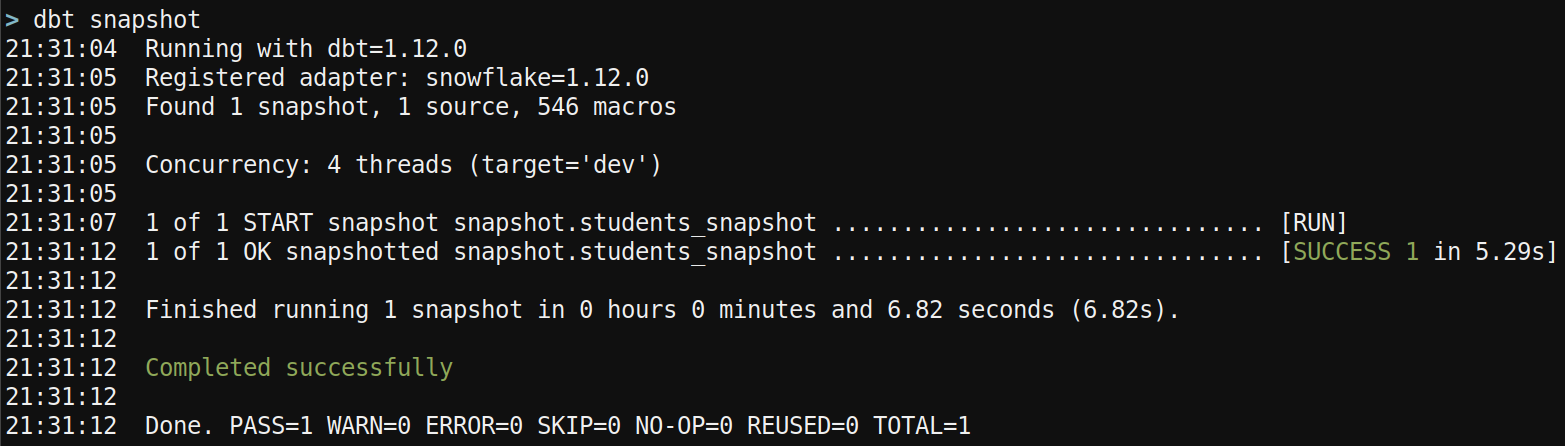 dbt snapshot command after adding row